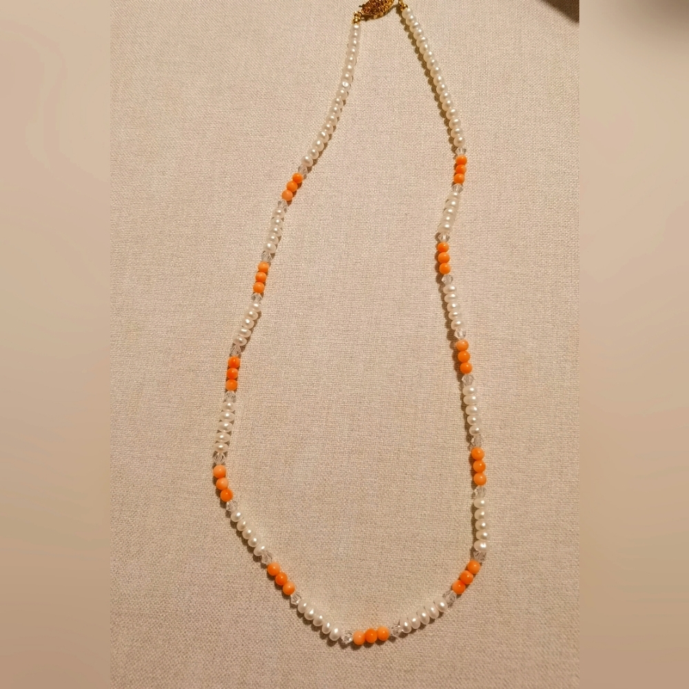 White Pearl Pink Coral and Clear Crystal beads necklace